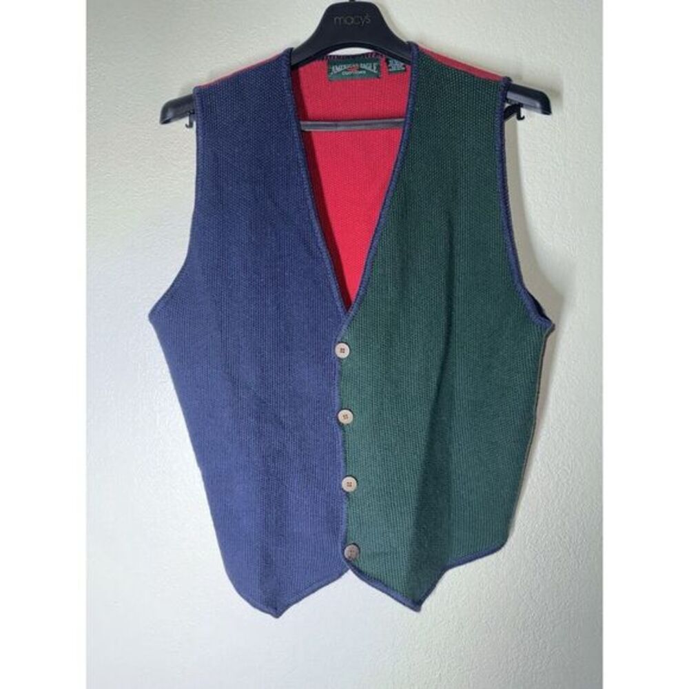 Vintage American Eagle Striped V Neck Button‎ Front Knit Cardigan Sweater Vest S